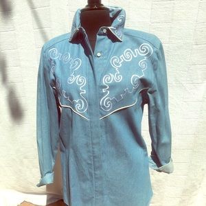 Denim shirt with white embroidery